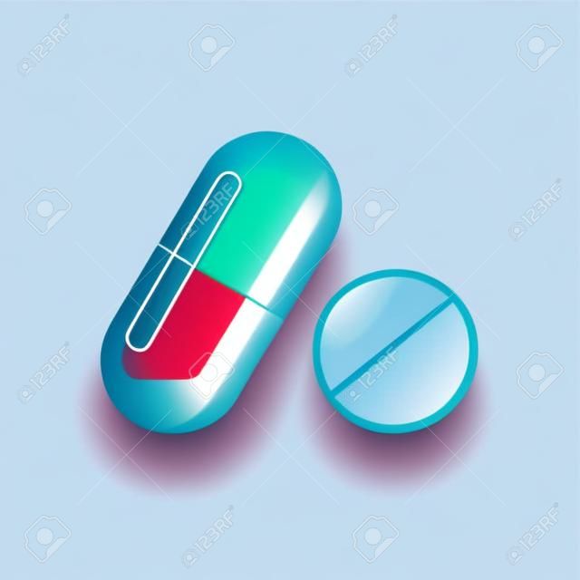 Pillola medica e capsula isolate su sfondo bianco. Illustrazione vettoriale