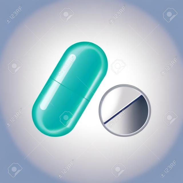 Pilule médicale et capsule isolées sur fond blanc. Illustration vectorielle