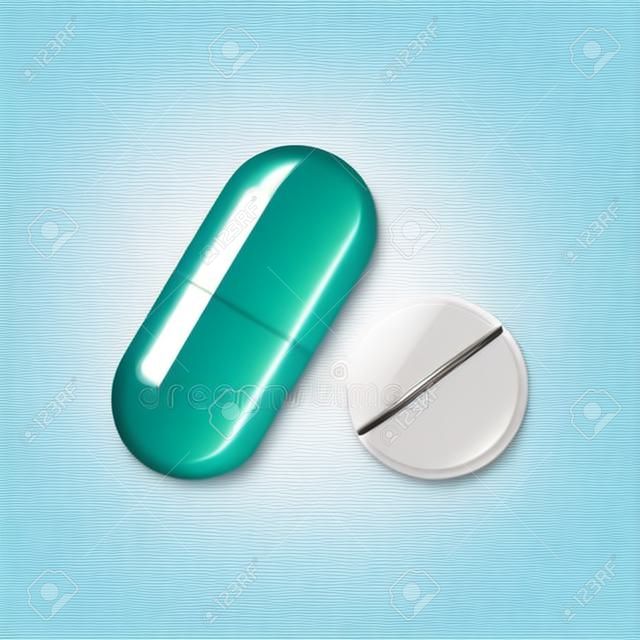 Medizinische Pille und Kapsel lokalisiert auf weißem Hintergrund. Vektor-Illustration