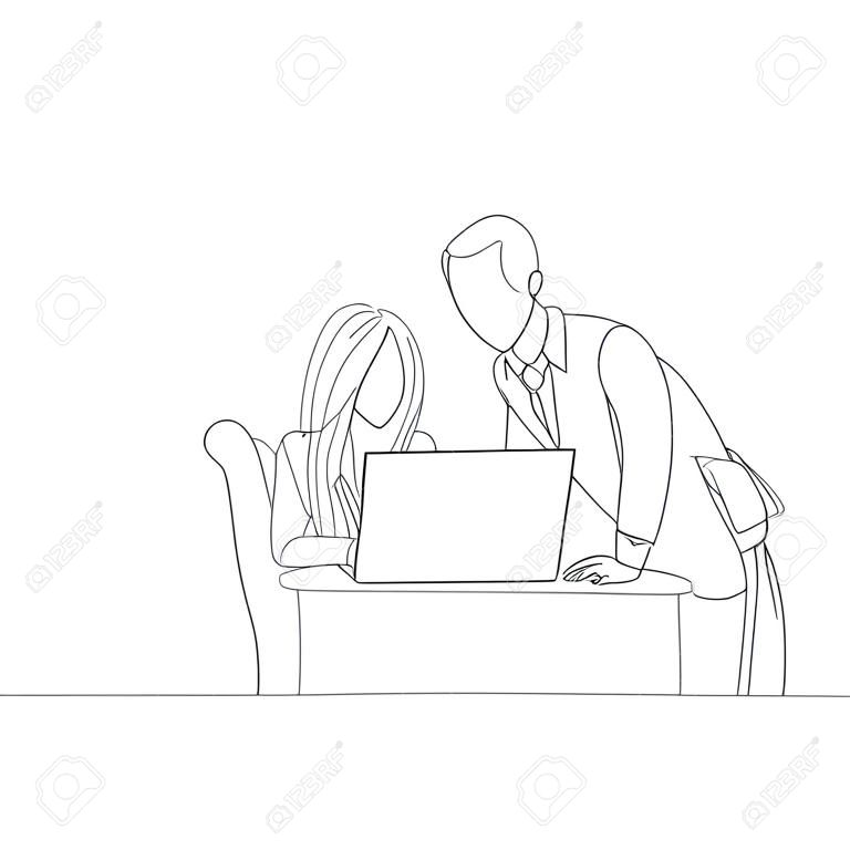 Kontinuierliche Strichzeichnung der Geschäftstreffen . Mann und Frau mit einem Laptop