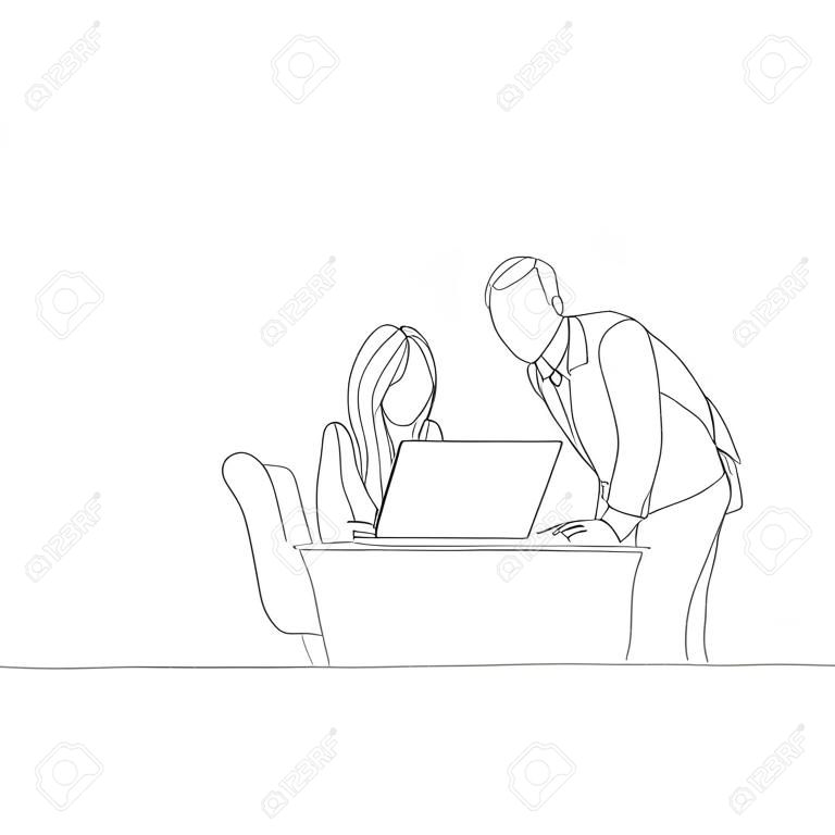 dibujo lineal continuo de la reunión de negocios. hombre y mujer con una computadora portátil