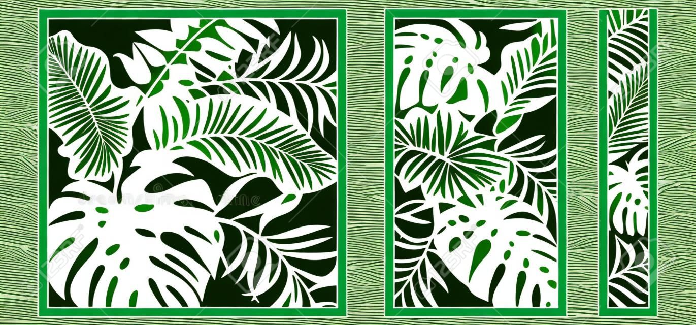 Establecer plantilla para cortar. Patrón de hojas de palma. Corte con laser. Ilustración vectorial.