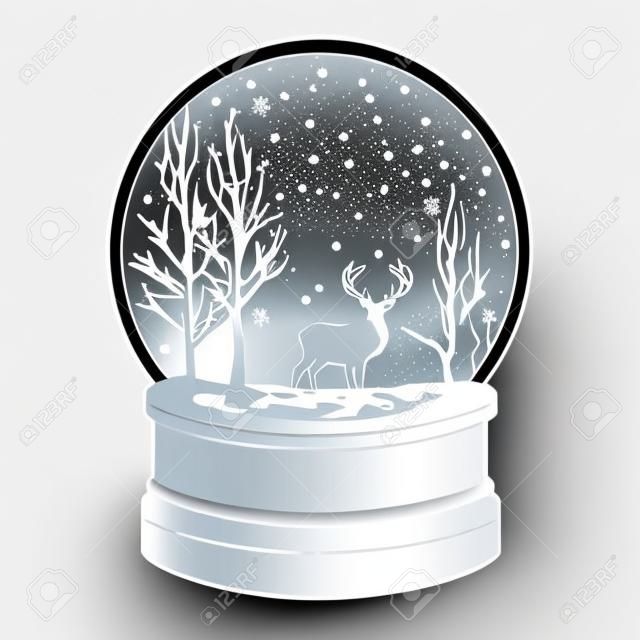 Śnieżna kula, śnieg i drzewa wewnątrz z laserowo wyciętym wzorem ilustracji wektorowych jelenia dla plotera wycinanego laserowo i sitodruku