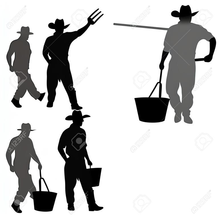 Vector illustration d'un agriculteur, éleveur. silhouette isolé sur un fond blanc. Homme avec fourche et des seaux.