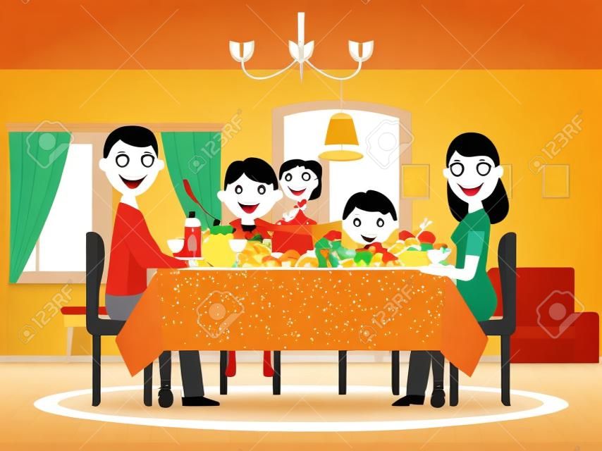 Vector de dibujos animados de familia feliz mesa festiva de la cena