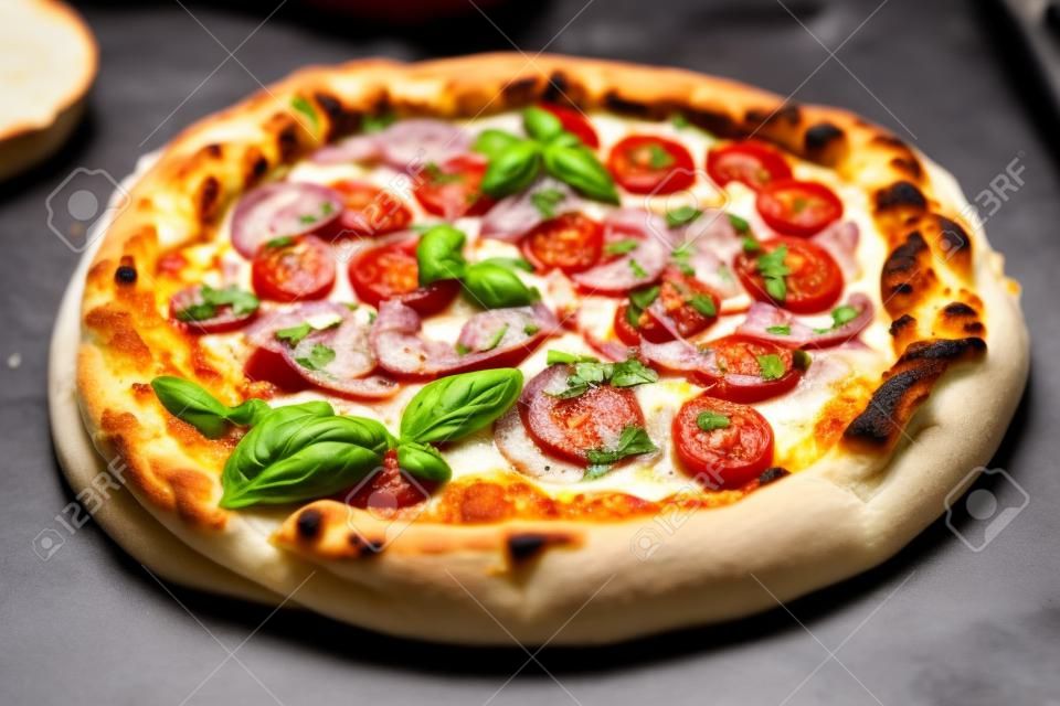 pizza con queso mozzarella con tomate cebolla roja y lomo