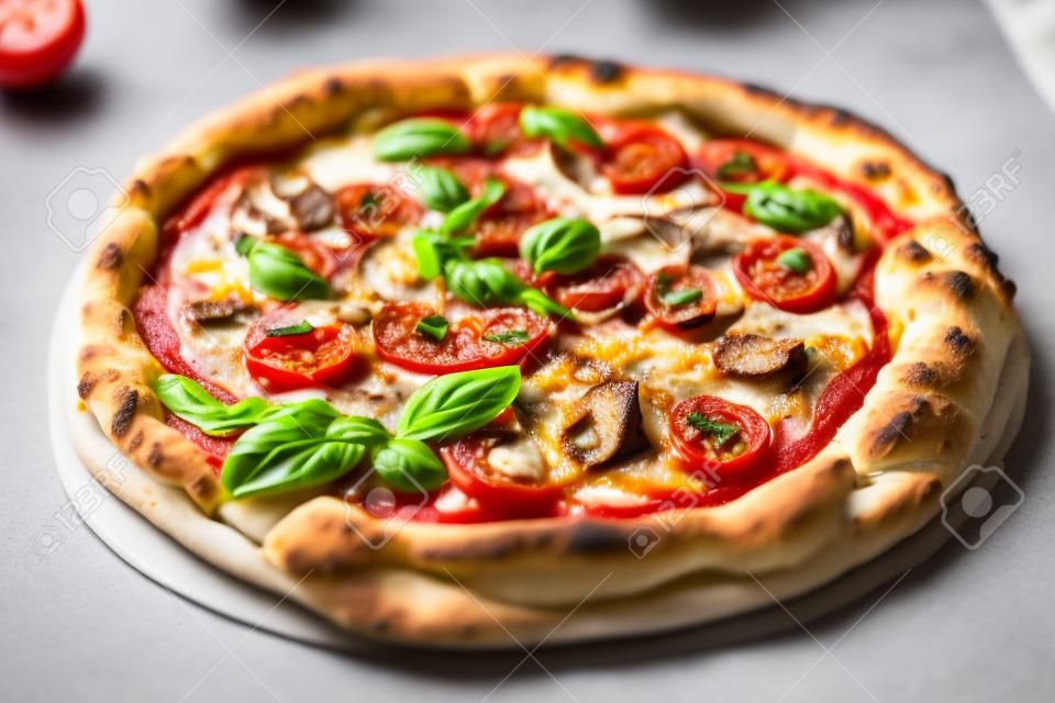Pizza mit Mozzarella-Käse mit Tomaten, roten Zwiebeln und Filet