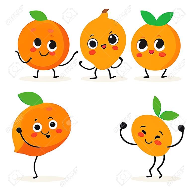 オレンジ色。かわいいフルーツ ベクトル文字セット白で隔離