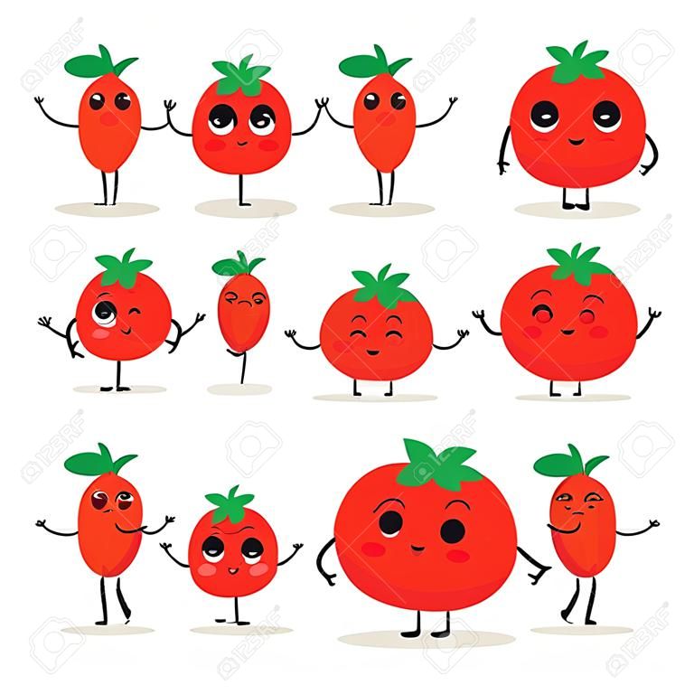 番茄。可愛的蔬菜矢量字符集隔絕在白色