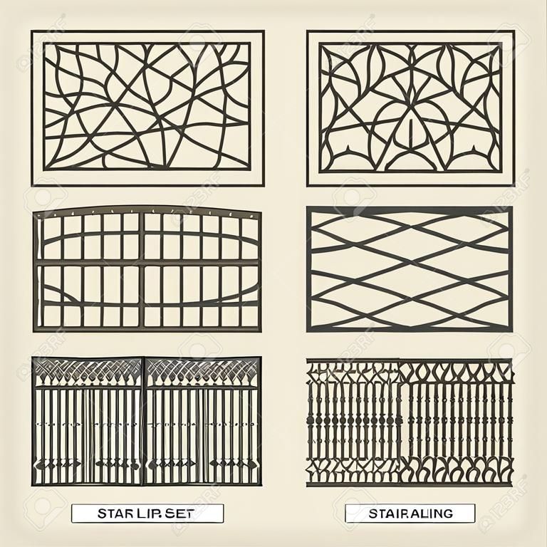 Stair railing set - square, rectangular and diagonal (top to bottom). A gate or fence with a geometric, abstract or floral pattern. Vector template for laser plotter cutting metal, wood, plywood (cnc)