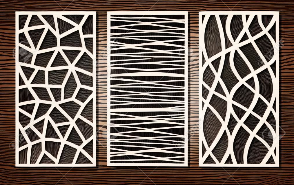 Zestaw prostokątnych paneli z abstrakcyjnym geometrycznym wzorem prostych i falistych linii. szablon do cięcia laserowego plotera (cnc), rzeźbienia w drewnie, grawerowania metalu, cięcia papieru. ilustracja wektorowa.