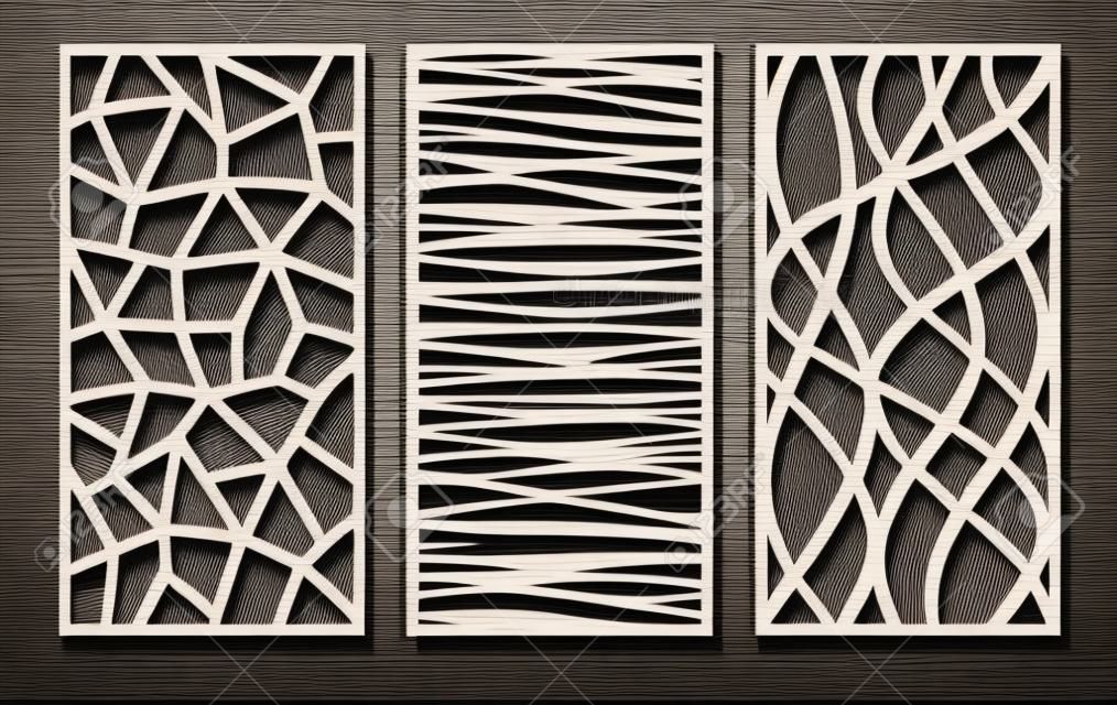 Zestaw prostokątnych paneli z abstrakcyjnym geometrycznym wzorem prostych i falistych linii. szablon do cięcia laserowego plotera (cnc), rzeźbienia w drewnie, grawerowania metalu, cięcia papieru. ilustracja wektorowa.