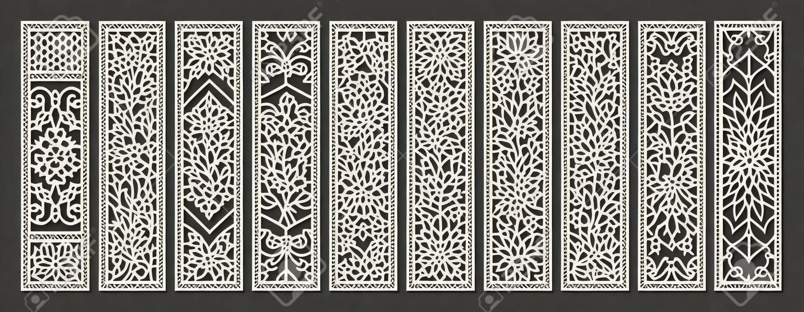 Set of vertical rectangular panels, lattice, bookmark. Decorative elements with a floral pattern. Template for plotter laser cutting of paper, metal engraving, wood carving, cnc. vector illustration.