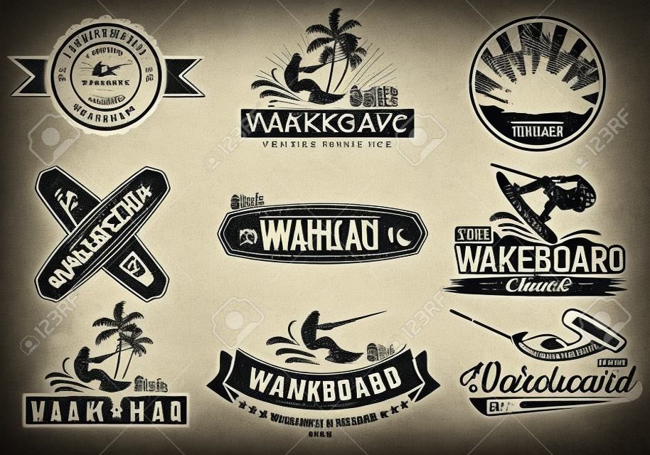 Vintage vector set van logo's voor de wakeboard club voor uw unieke ontwerp, printen op een T-shirt, het internet.