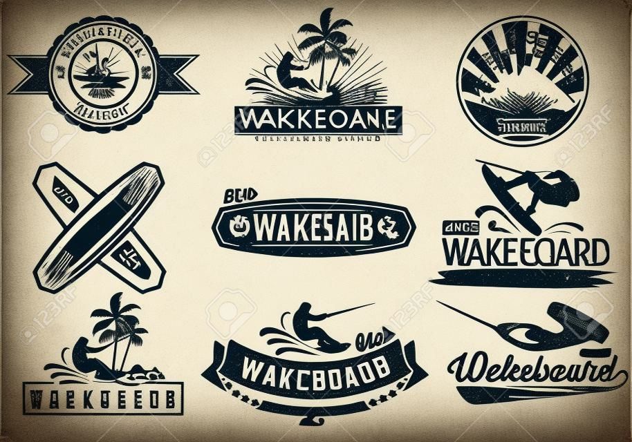 ウェイク ボード クラブあなたのユニークなデザインの t シャツ、インターネット印刷のロゴのビンテージ ベクトルのセットです。