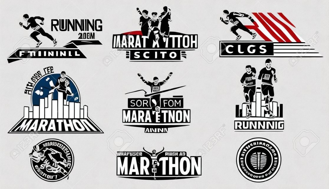 Un ensemble de conception monochrome de logos, des badges pour un tournoi de course, une équipe sportive, un marathon. Illustration vectorielle.