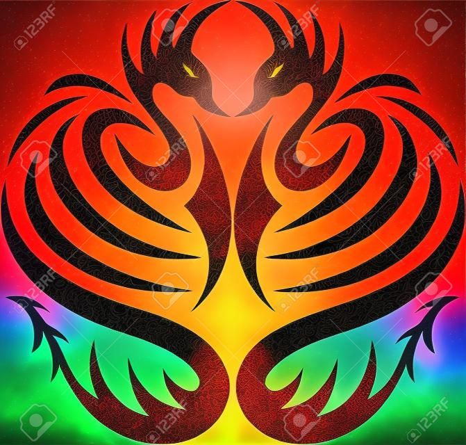 two phoenix bird with dragon tail side by side