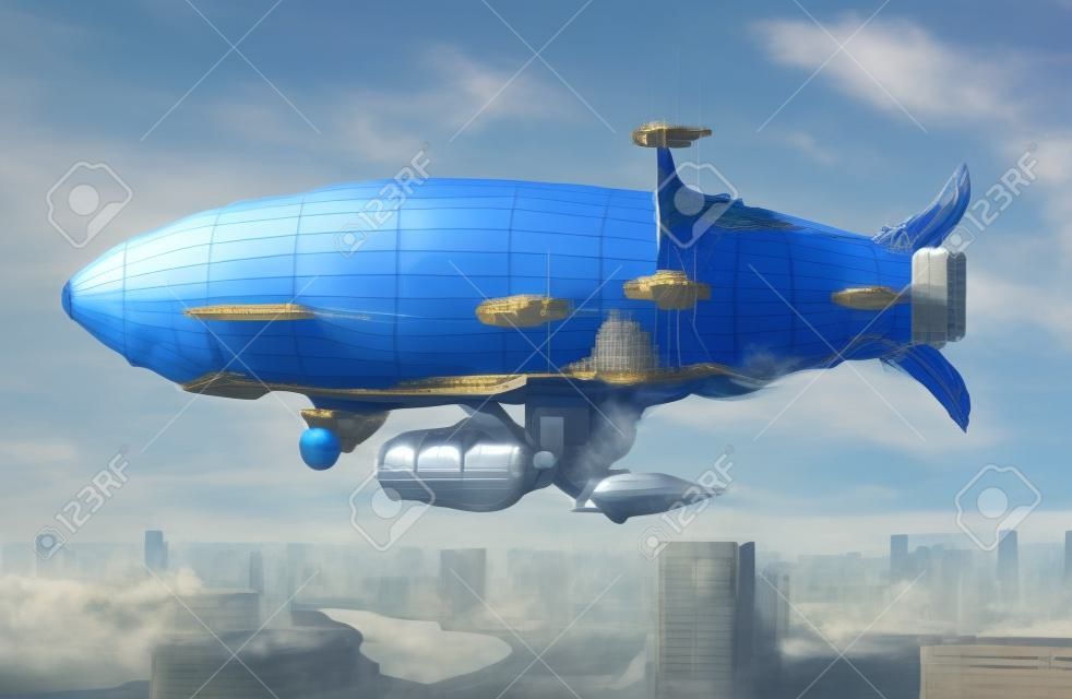 Art conceptuel. ballon dirigeable dans le ciel au-dessus d'une ville.