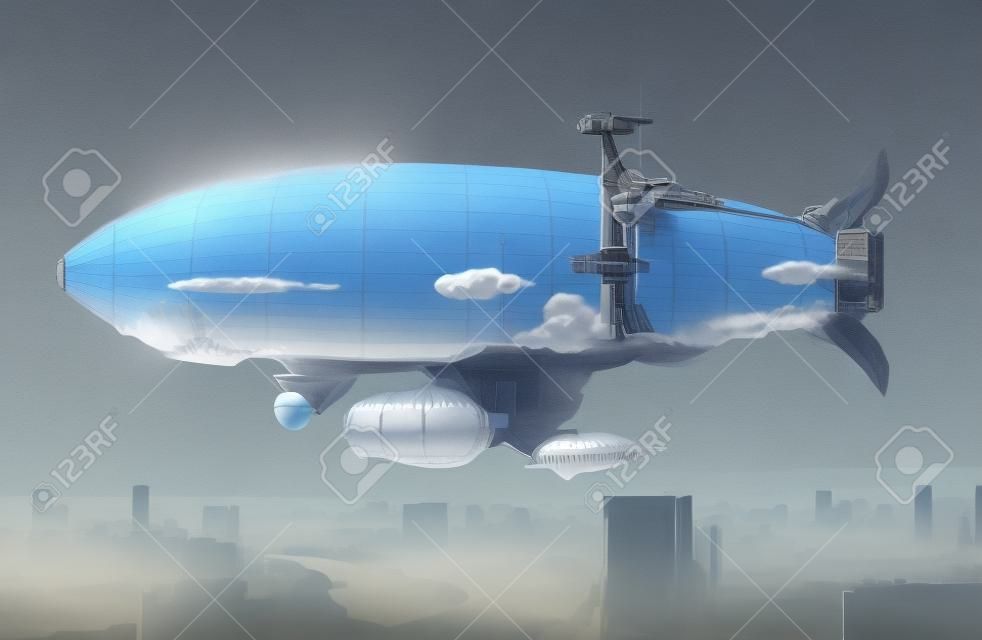 Art conceptuel. ballon dirigeable dans le ciel au-dessus d'une ville.