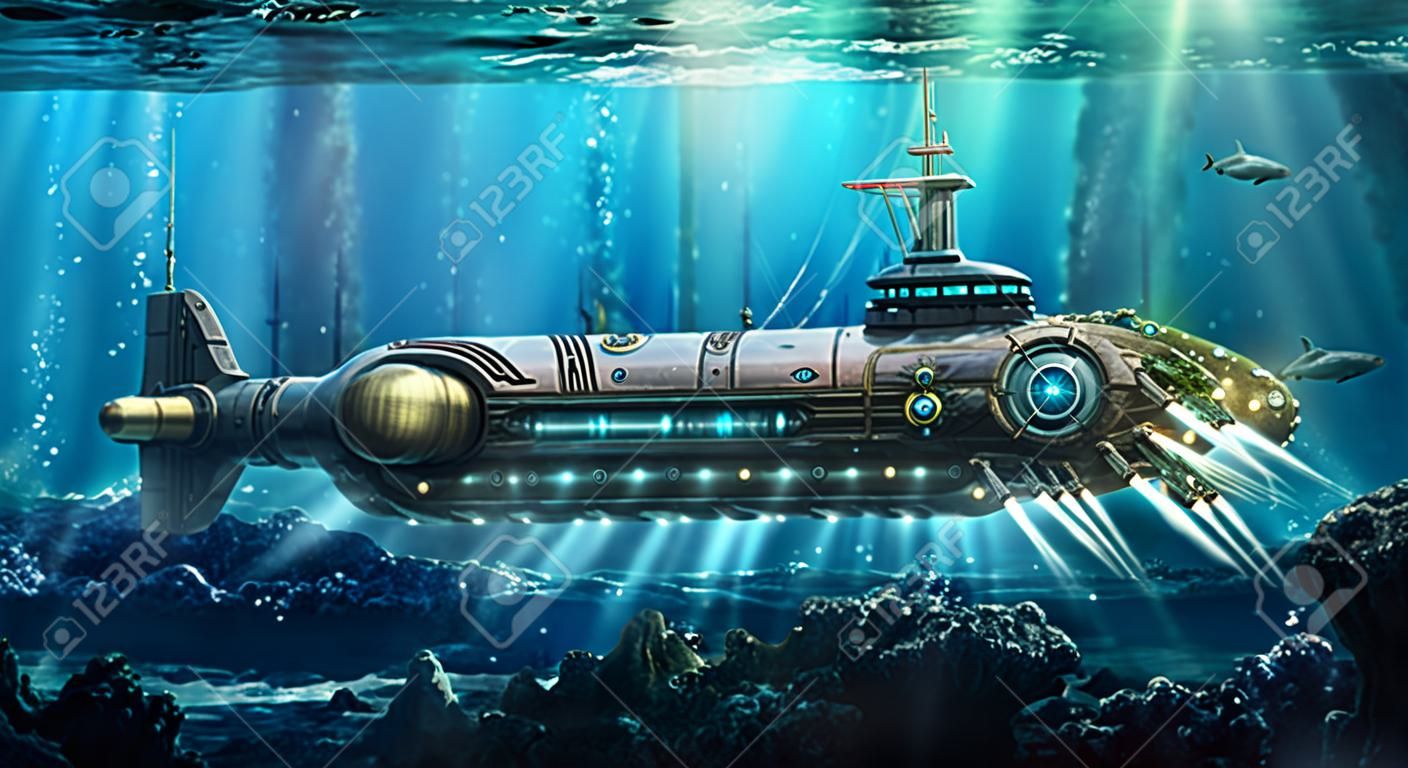 Fantástico submarino en el mar. Arte conceptual.