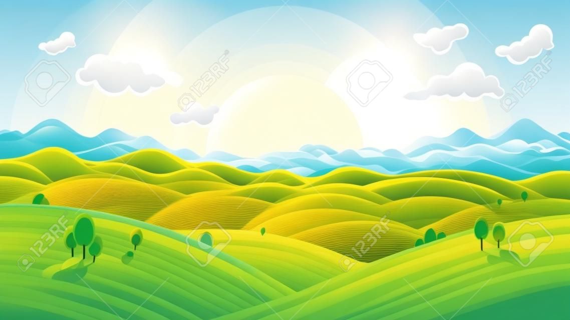 日当たりの良い丘陵の風景です。ラスターの図は、背景として使用できます。ラスターの図。