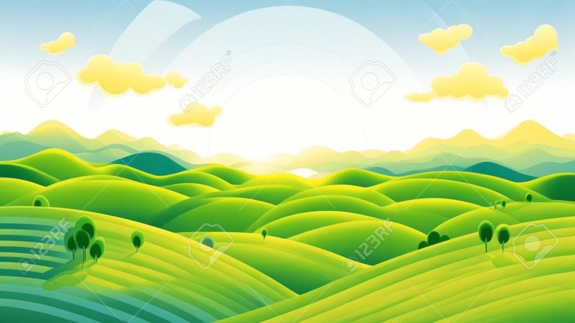 Sunny hilly landscape. Raster illustration can be used as background. Raster illustration.