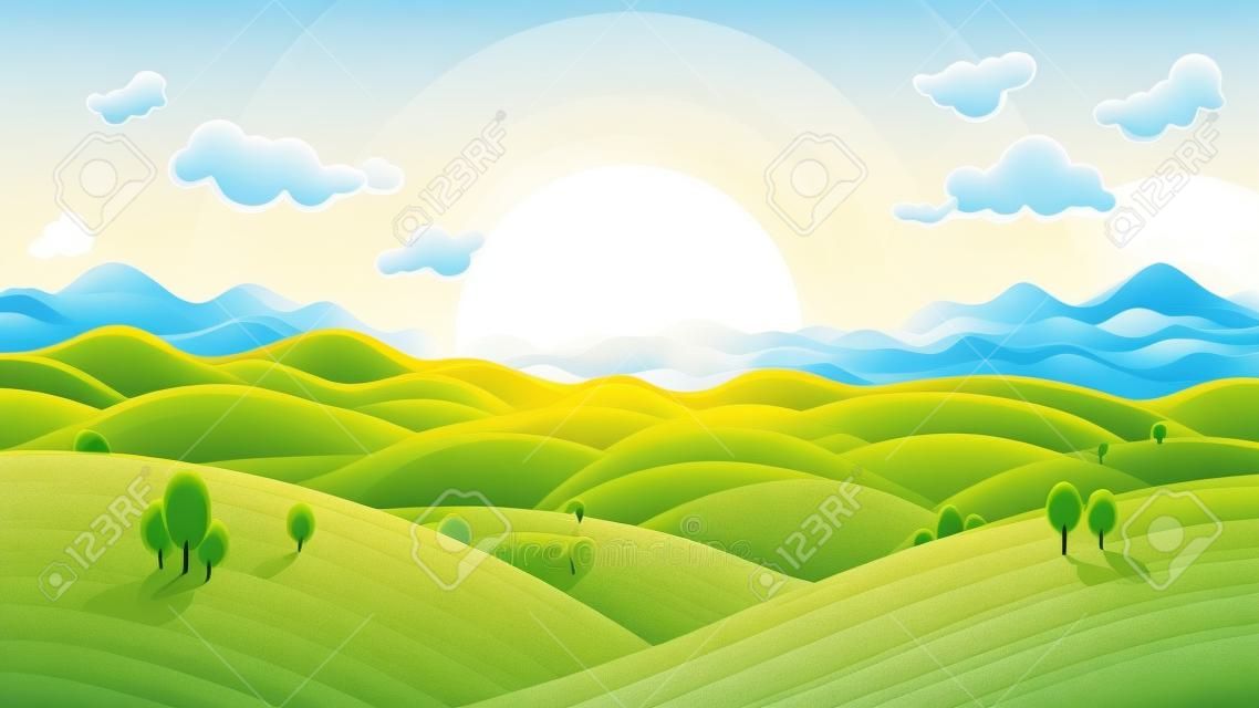 Sunny hilly landscape. Raster illustration can be used as background. Raster illustration.