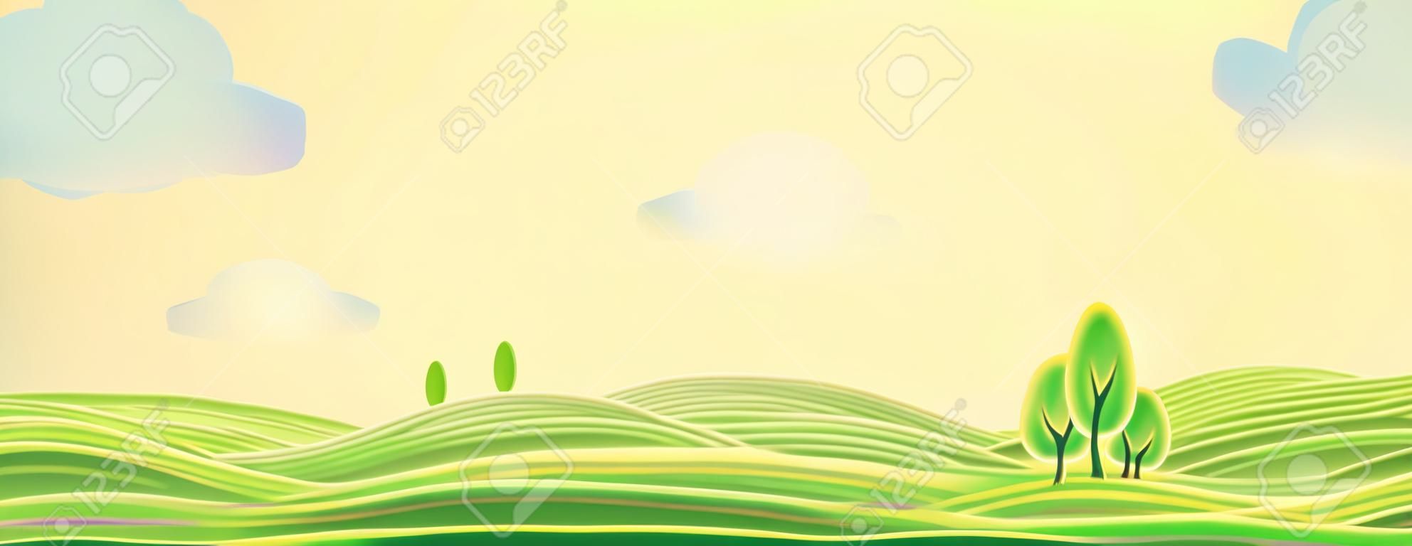 Summer rural landscape, panorama view, sunrise over the hills, can be used as background image.