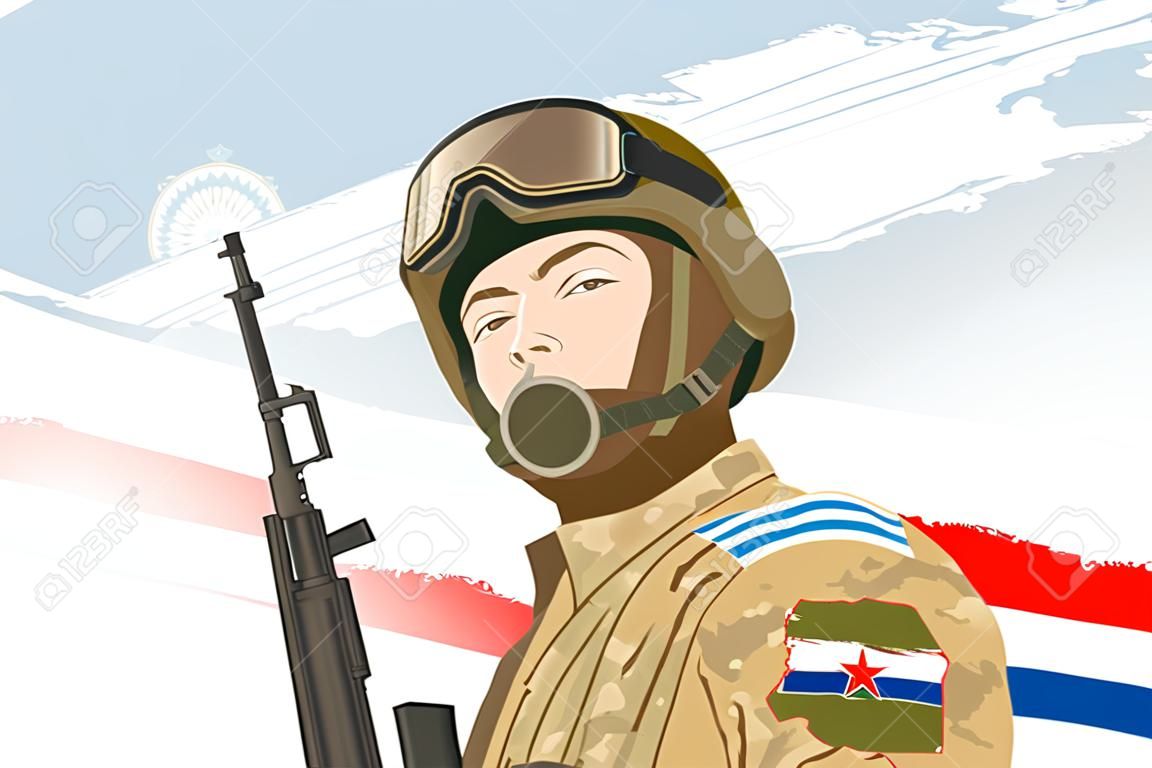Russian special forces soldier on the background of the Russian and Syria flag