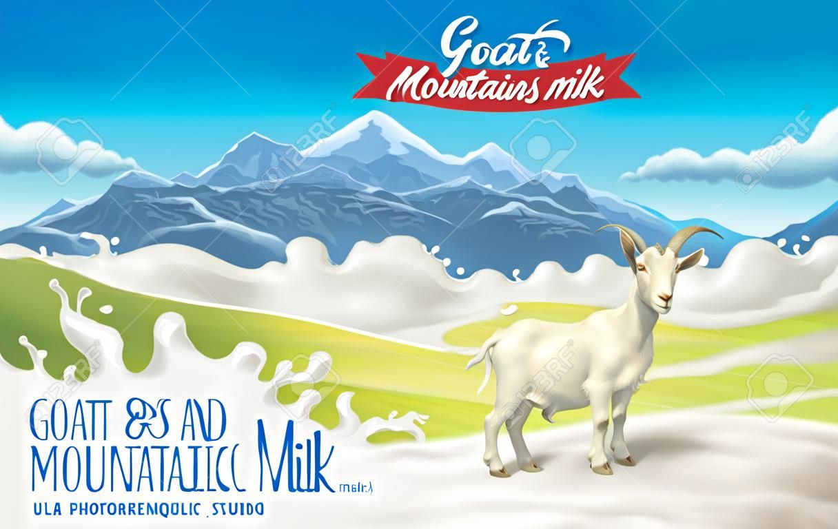 Goat and kid in a mountainous landscape and splash milk form like design elements.