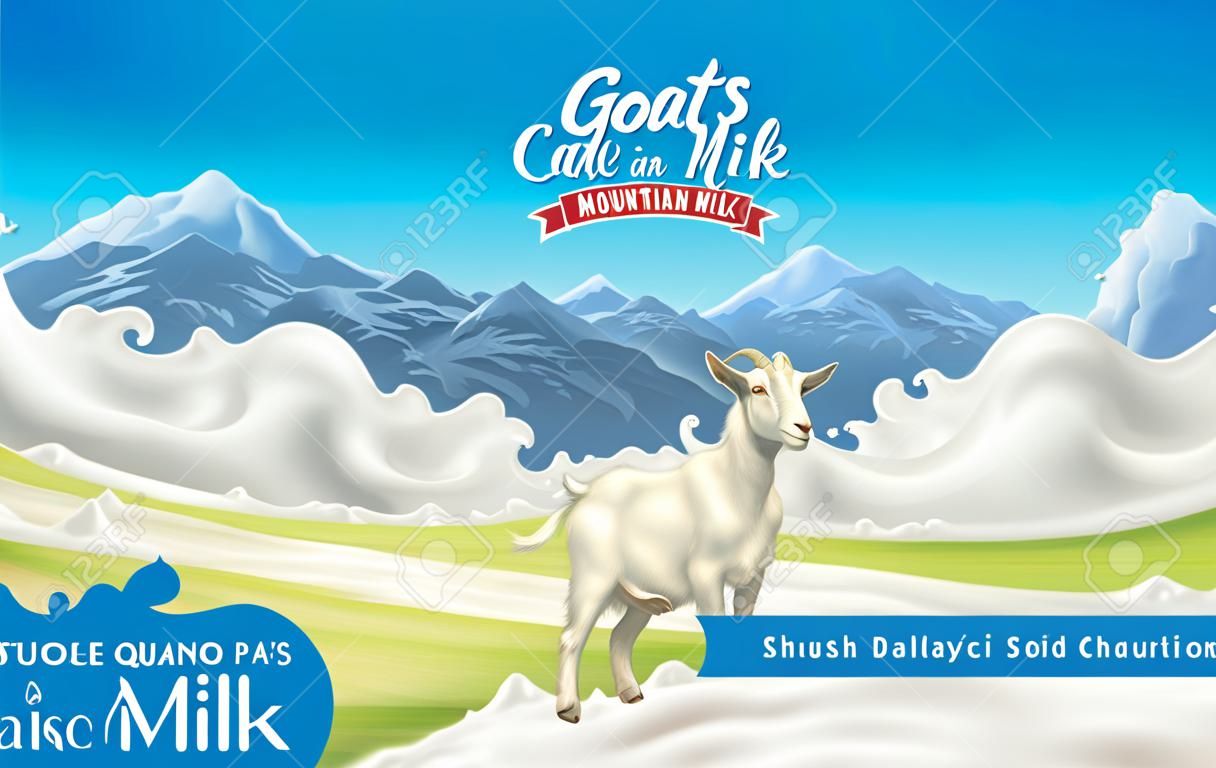 山羊和山羊在山区景观和飞溅牛奶形式像设计元素
