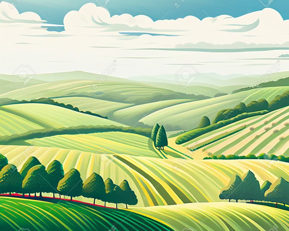 Landelijk landschap met heuvels en velden, vector illustratie.