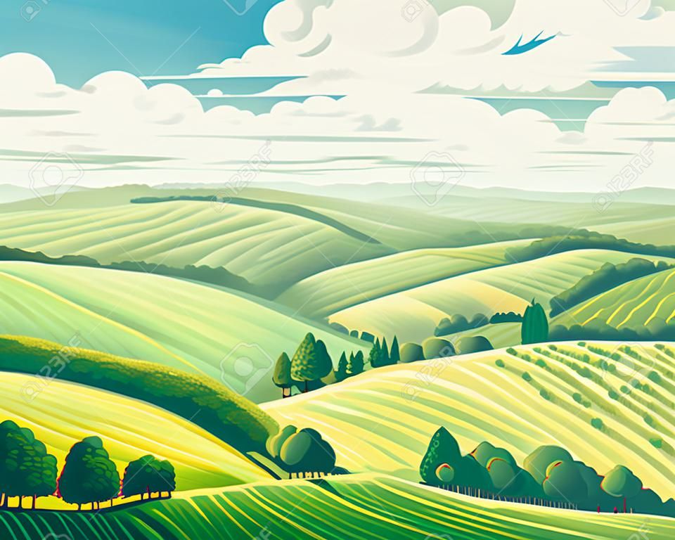 Rural landscape with hills and fields, vector illustration.