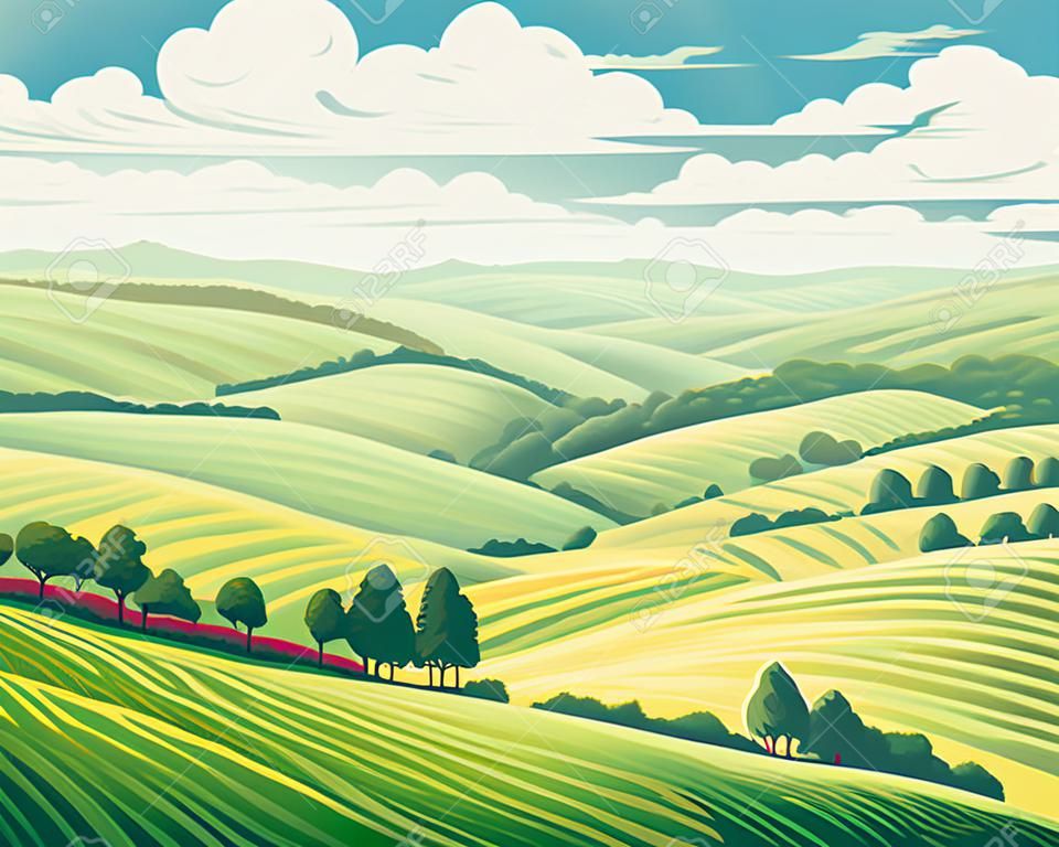 Landelijk landschap met heuvels en velden, vector illustratie.