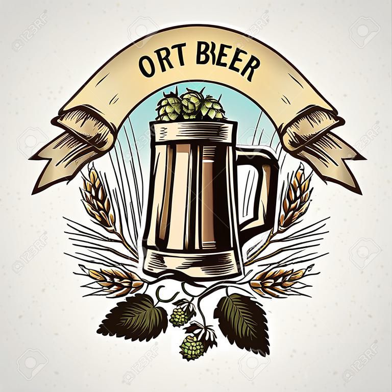 Mug of beer in a graphic style and elements of the branches of hops and ears. Hand-drawn illustration.