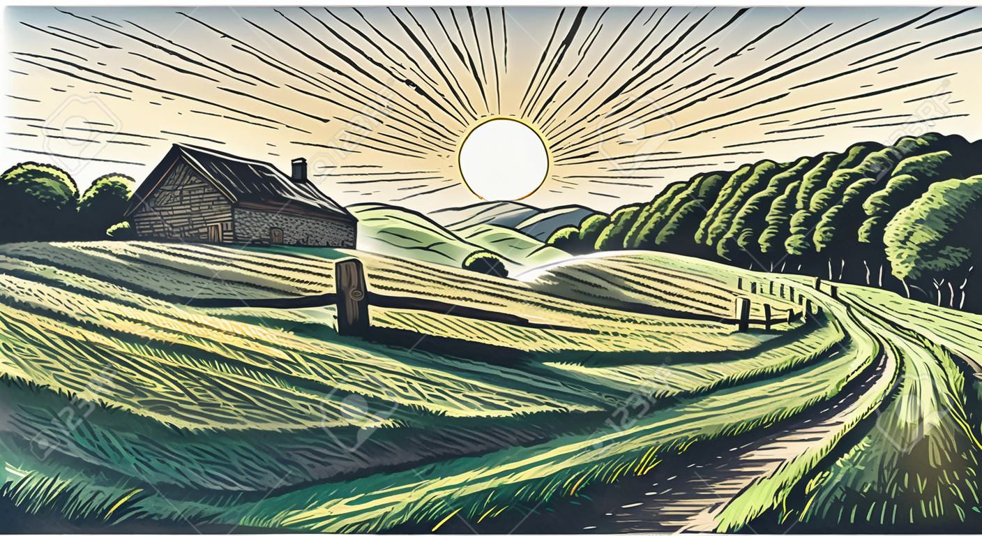 Rural landscape in engraving style, vector illustration.
