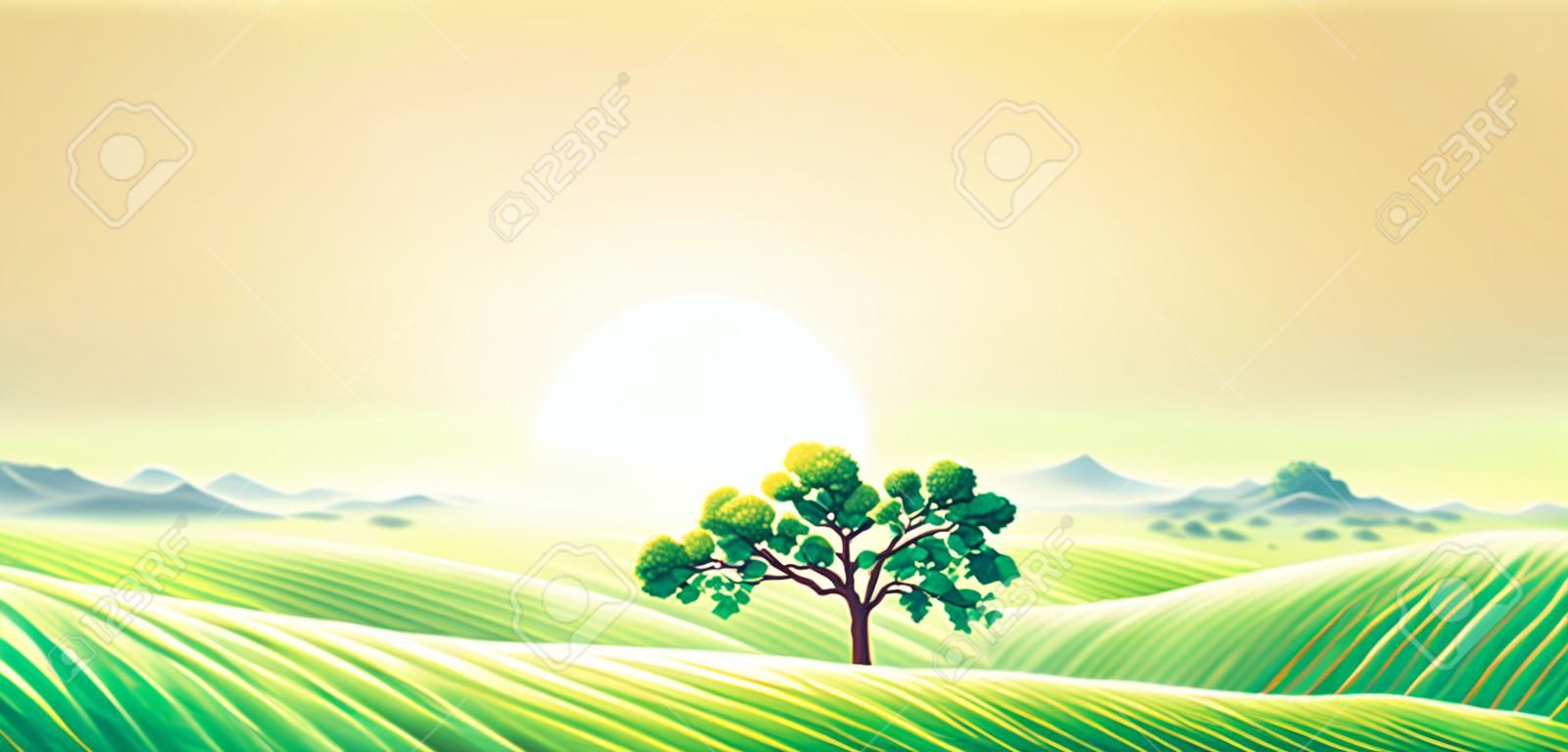 Rural dawn landscape with fields and mountains. Raster illustration.