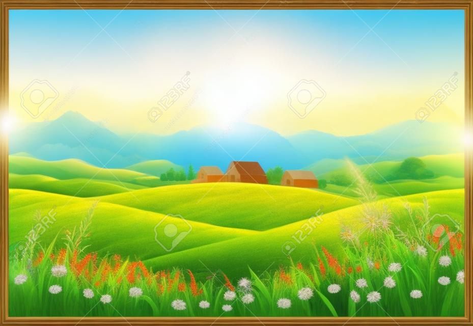 Rural summer landscape with village flowers and grass in the foreground.