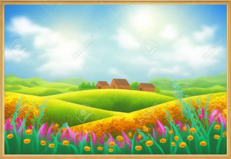 Wiejski letni krajobraz z wiejskimi kwiatami i trawą na pierwszym planie.