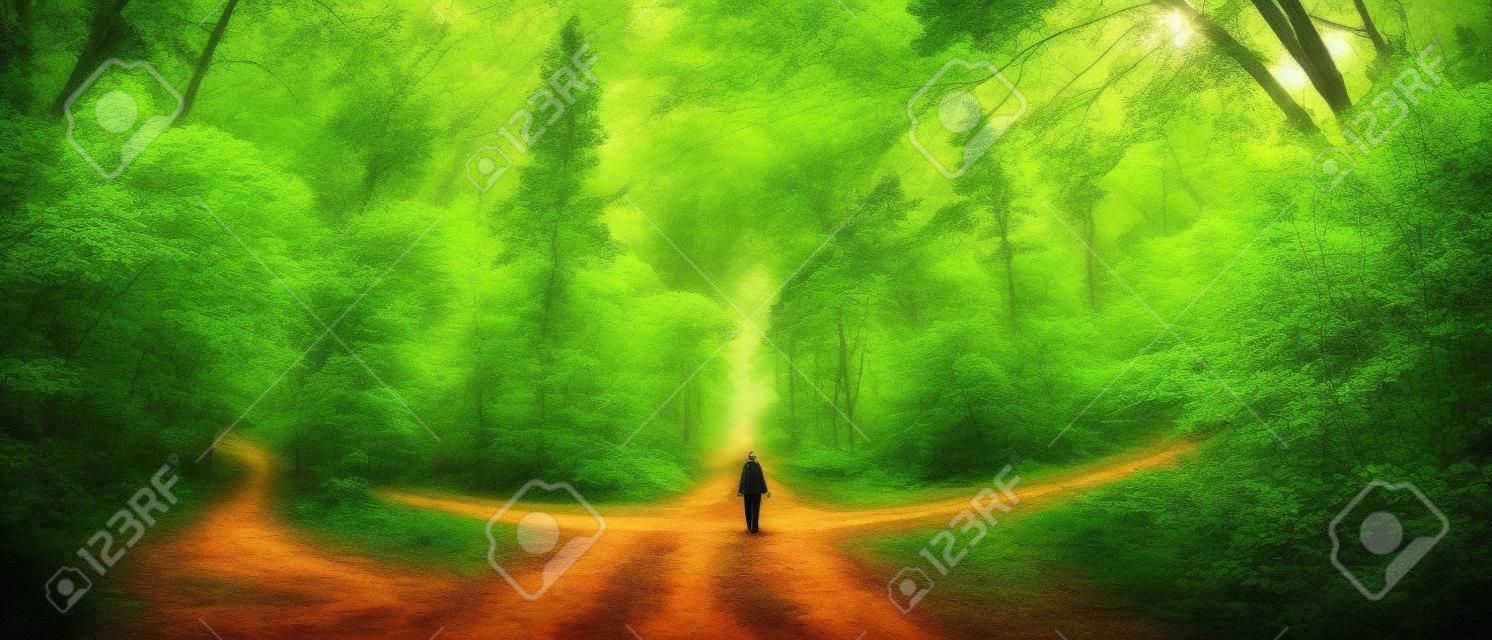 A woman stands at the crossroads of two forest roads. The girl at the crossroads. The choice of the path. Woman lost in the woods. The choice of ways to achieve the goal.