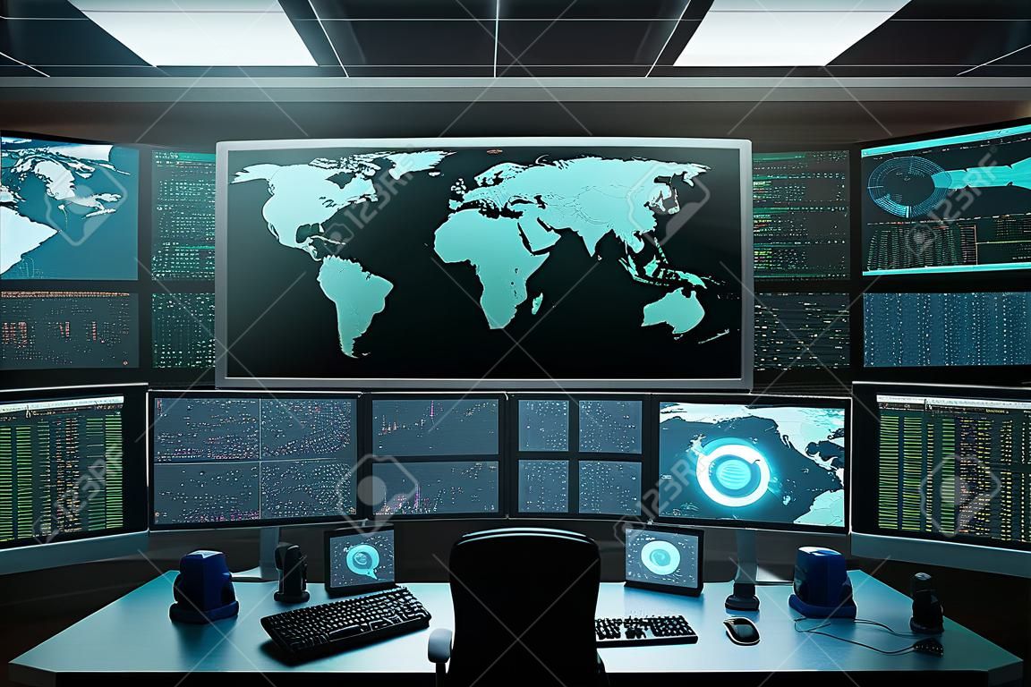 Computer monitors with world map and stock market data. 3d rendering