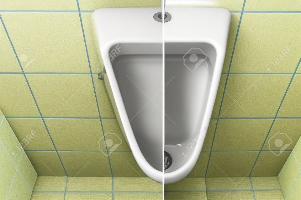 Schmutzige Toilette vor und nach dem Entfernen der Verstopfung. Verstopfungsprobleme im Bad und WC