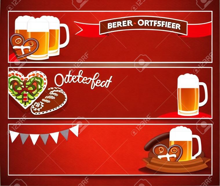 Banner vettoriale con simboli dell'Oktoberfest - birra, salsiccia, biscotti di pan di zenzero, bandiera,