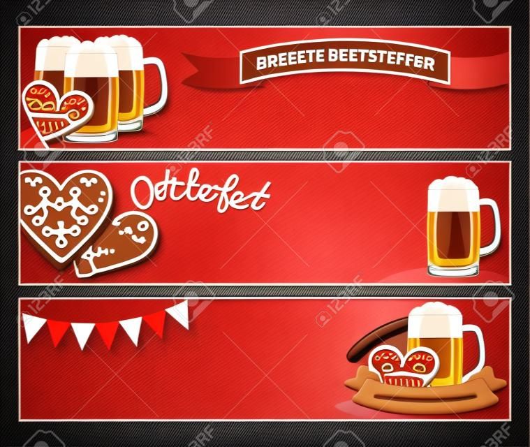 Banner vettoriale con simboli dell'Oktoberfest - birra, salsiccia, biscotti di pan di zenzero, bandiera,