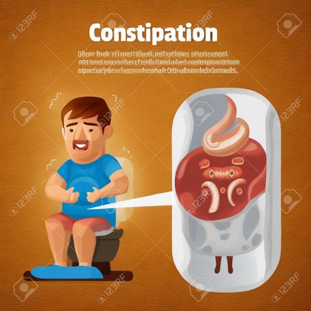 Constipation symptom in a man and poop in intestine.