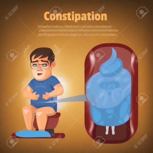 Constipation symptom in a man and poop in intestine.