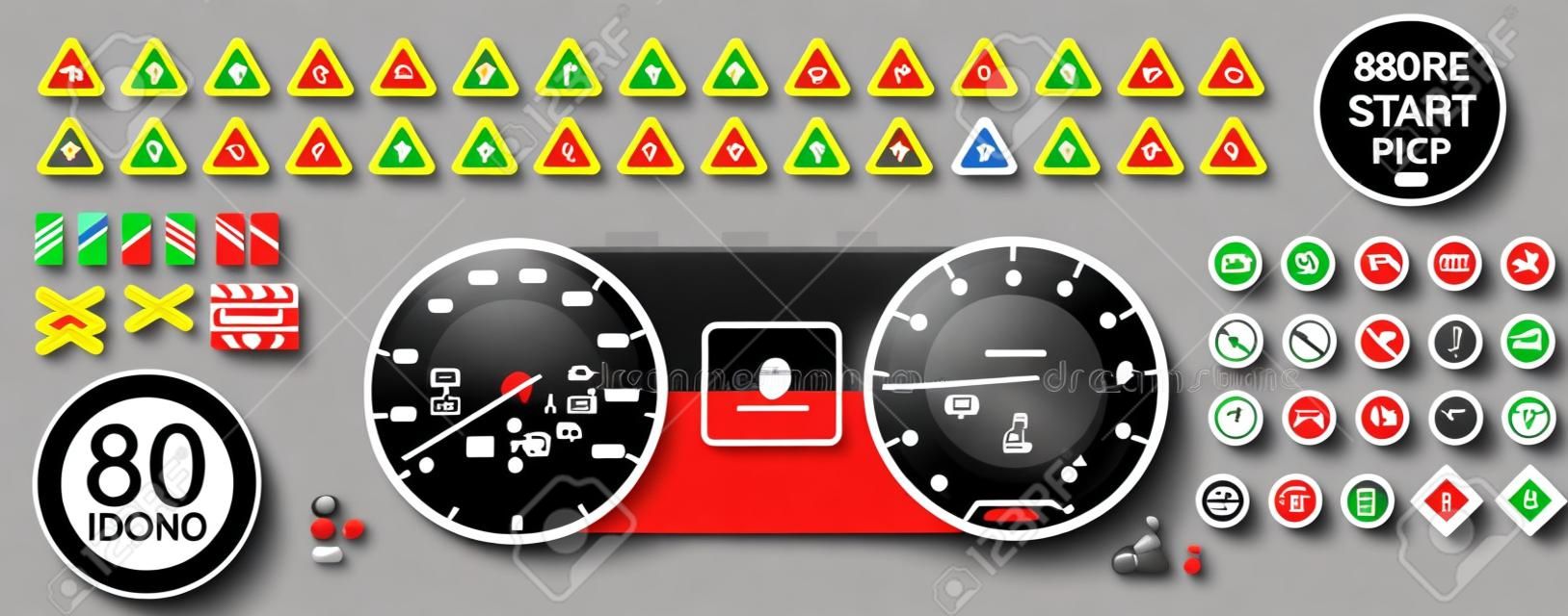 Pakiet 80 ikon - deska rozdzielcza samochodu. Ikony znaków drogowych, ilustracji wektorowych deski rozdzielczej. Kolekcja znaków ostrzegawczych.