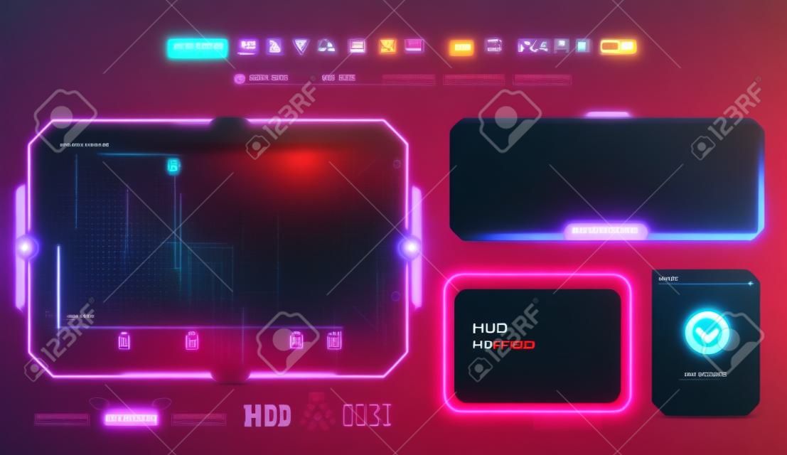 HUD, UI,UX GUI futuristic user interface screen elements set. High tech screen for video game. Sci-fi concept design. Callouts titles. Modern banners, frames of lower third. Red. Vector illustration