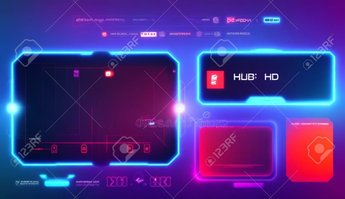 HUD, UI,UX GUI futuristic user interface screen elements set. High tech screen for video game. Sci-fi concept design. Callouts titles. Modern banners, frames of lower third. Red. Vector illustration