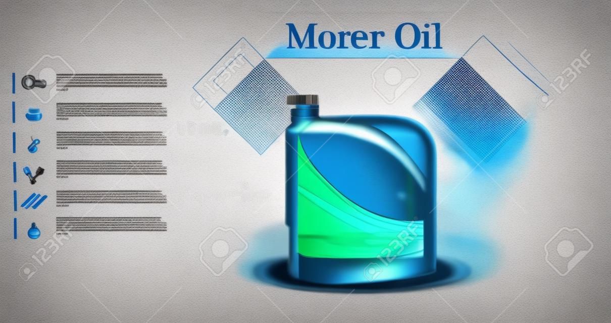 Bottle engine oil on a background a motor-car piston, Technical illustrations. Realistic 3D vector image. canister ads template with brand logo Blueprints. Engine oil advertisement banner.